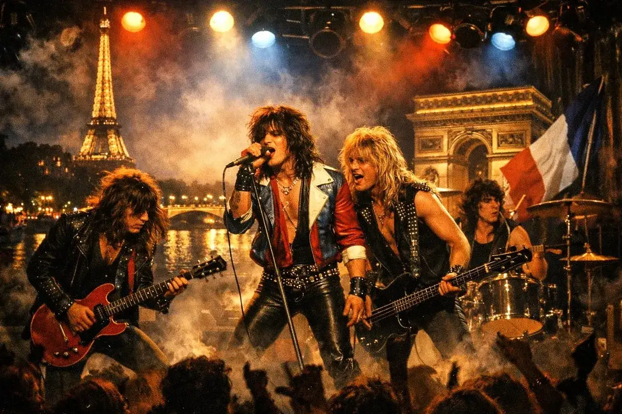 Un groupe de hard rock fran&ccedil;ais enflamme Paris, avec la Tour Eiffel et l'Arc de Triomphe en toile de fond. L'&eacute;nergie est palpable !