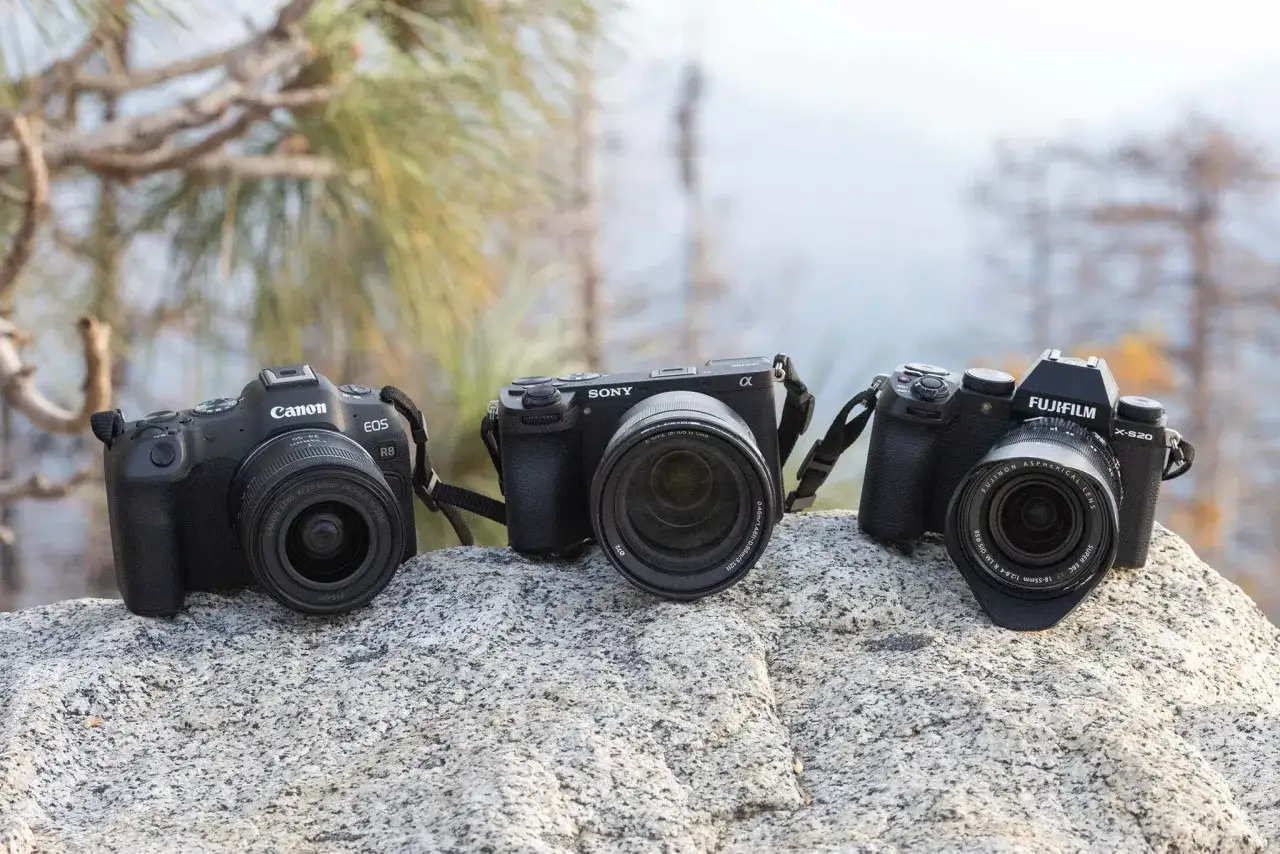 Trzy aparaty: Canon EOS R8, Sony Alpha i Fujifilm X-S20, leżą na kamieniu. Jaki aparat do nagrywania wybrać?