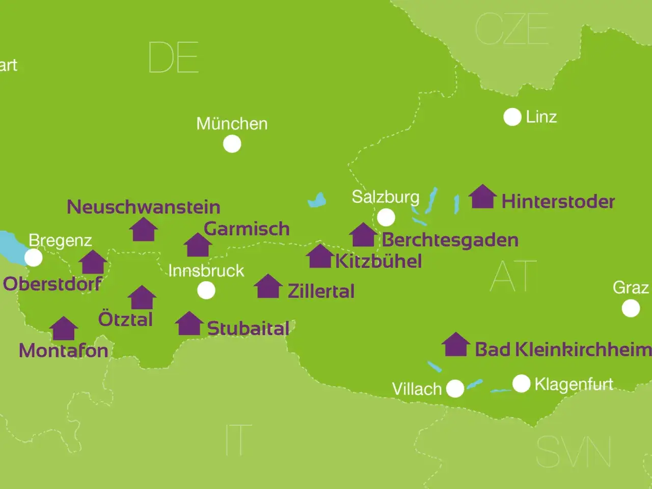 Karte der deutschen Bergregionen mit Hotels