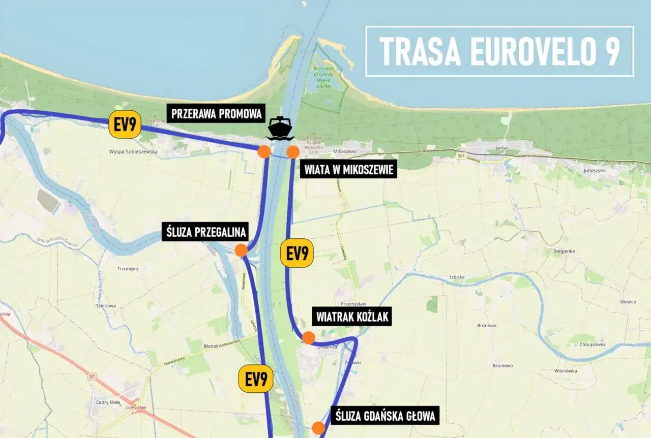Mapa trasy rowerowej EuroVelo 9 z zaznaczonymi śluzami, promem i wiatą w Mikoszewie.