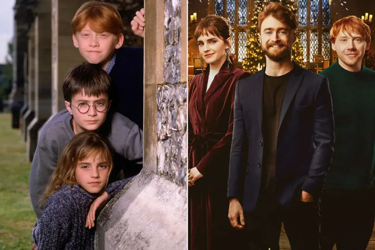 Odtwórca roli Harry'ego Pottera, Daniel Radcliffe, wraz z Emmą Watson i Rupertem Grintem, na zdjęciu z dzieciństwa i po latach.