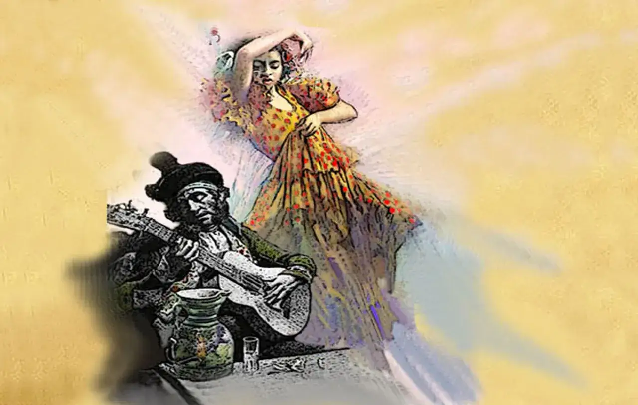 Un guitarrista acompaña a una bailaora de flamenco. Información sobre el flamenco en esta escena vibrante.