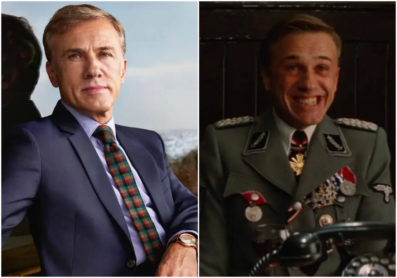 Christoph Waltz in due ruoli: elegante in abito blu, e inquietante in uniforme nazista, come in
