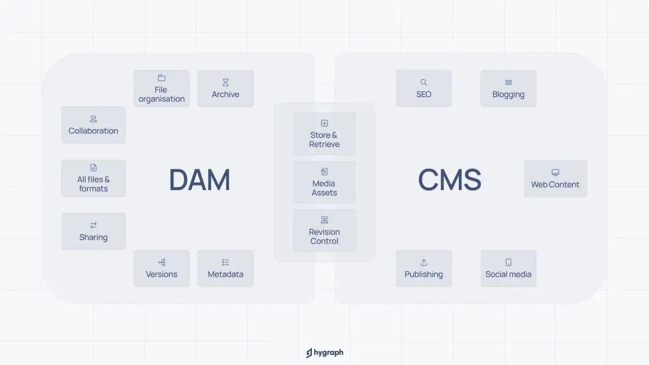 Diagram comparing DAM and CMS features. Do I need a video CMS? This visual shows DAM handles file organization, collaboration, and media assets, while CMS manages web content, SEO, and publishing.