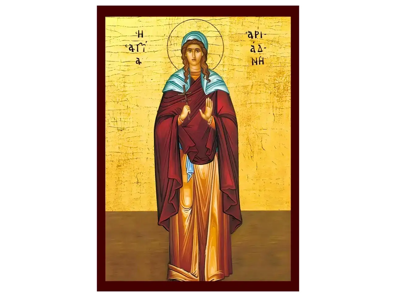 Icono de santa Ariadna, con t&uacute;nica granate y velo azul, sosteniendo una cruz. Un d&iacute;a de devoci&oacute;n.