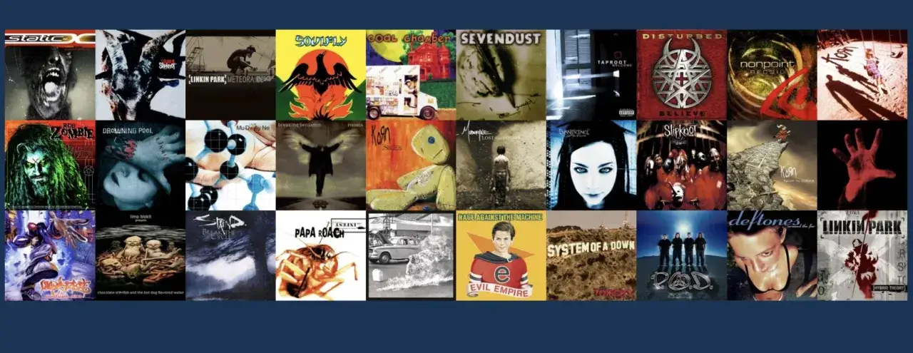 Kolekcja okładek albumów zespołów nu metalowych: Slipknot, Korn, Linkin Park, System of a Down, Deftones, Papa Roach, Rob Zombie.