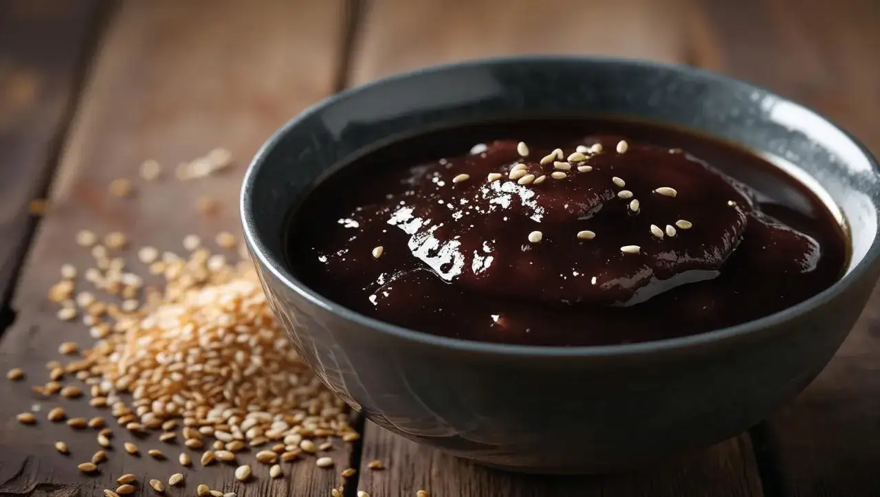 Gęsty, błyszczący sos teriyaki w misce, posypany sezamem. Obok garść prażonych ziaren sezamu. Idealny do dań kuchni azjatyckiej.