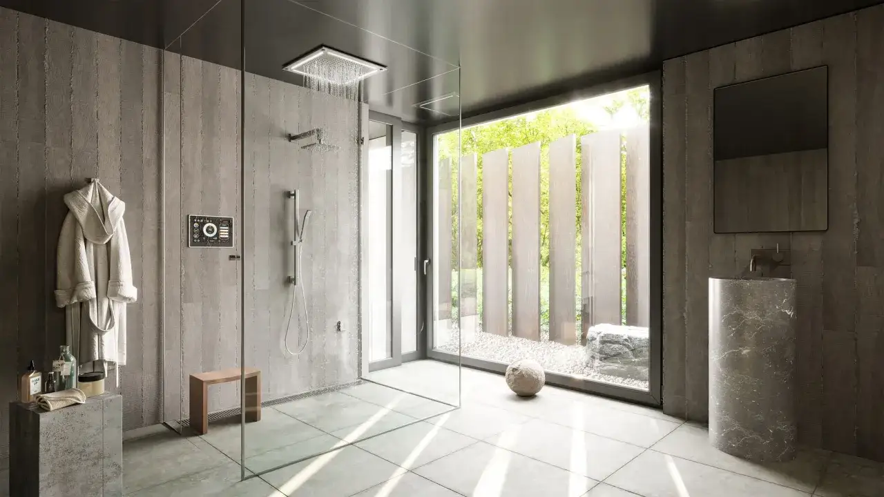Bagno moderno con doccia a pioggia, accappatoio e pannello di controllo. Immagina i benefici di una doccia gelata in questo ambiente zen.