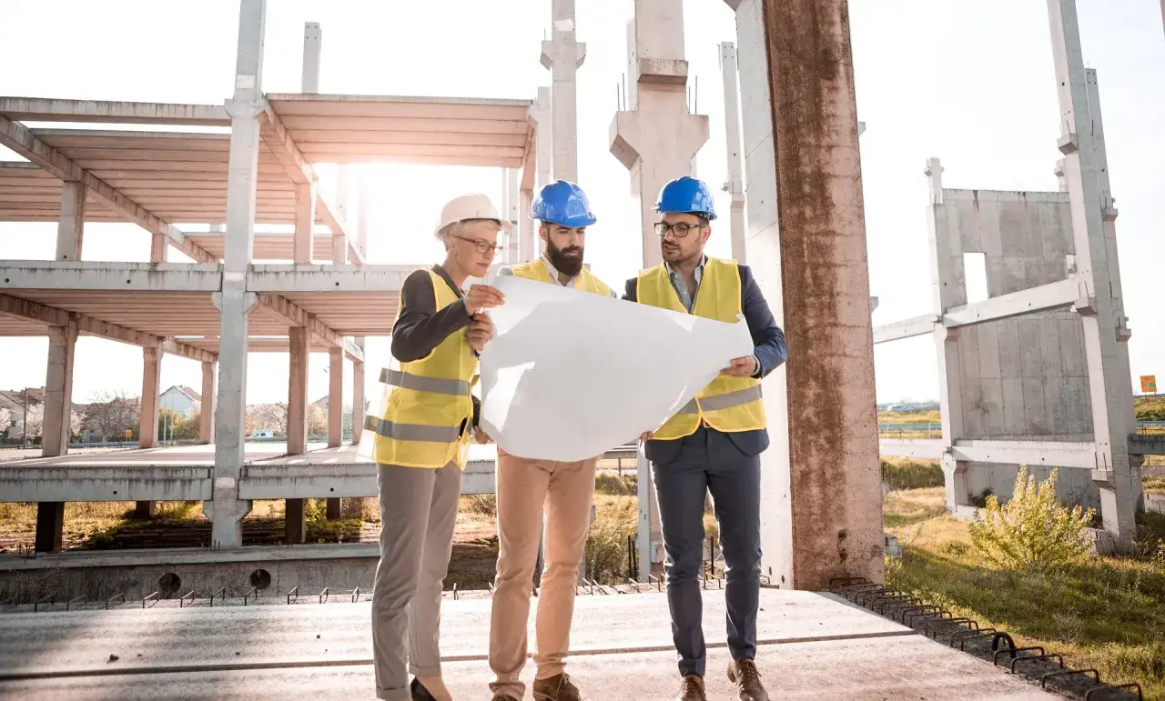 Il direttore dei lavori e il suo team esaminano i progetti in un cantiere edile.