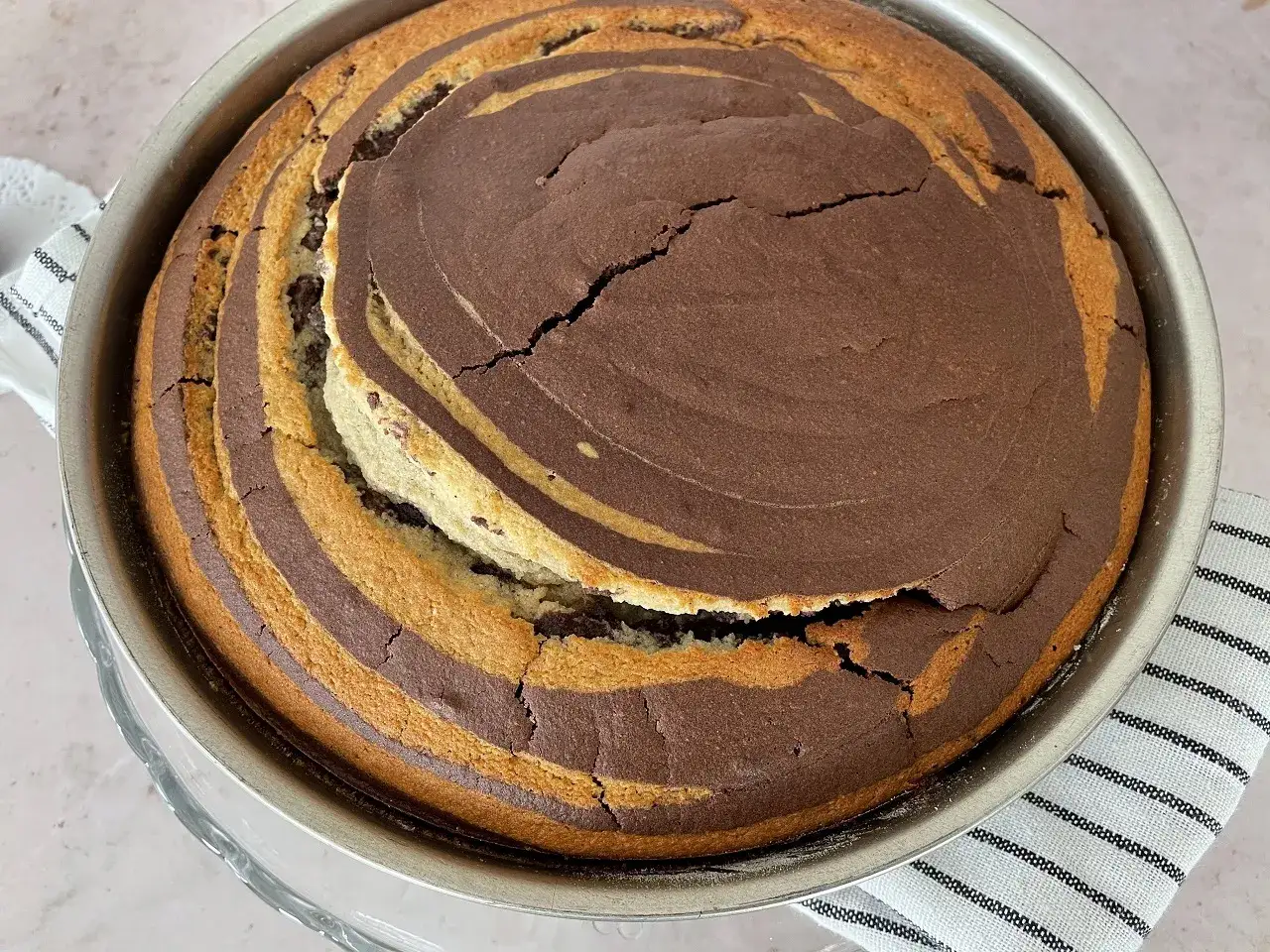 G&acirc;teau marbr&eacute; sans lait, avec des spirales de chocolat et de vanille, tout juste sorti du moule.