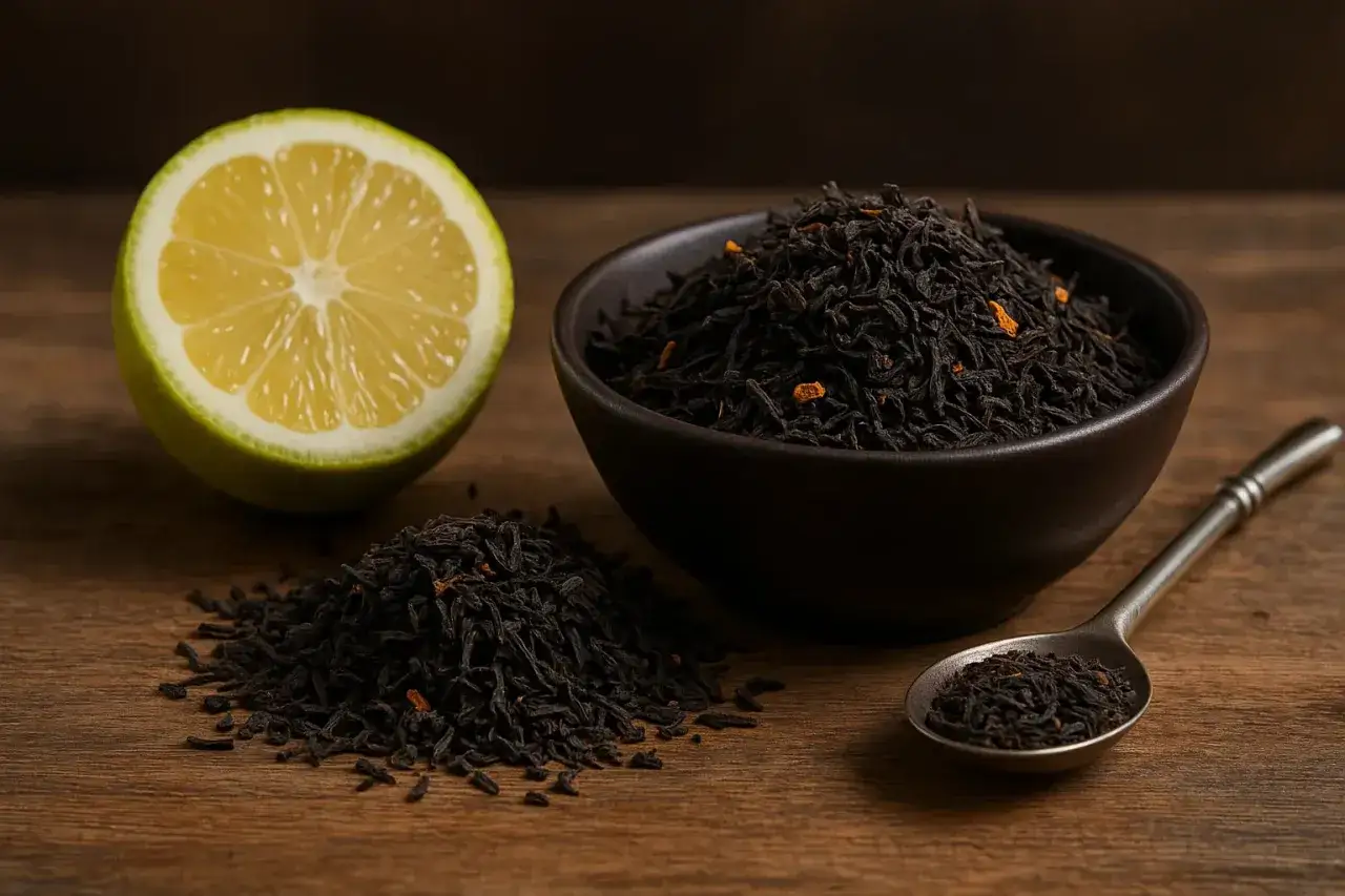 Un bol de thé noir, une cuillère remplie de feuilles et une moitié de citron, prêts pour un délicieux thé Earl Grey.