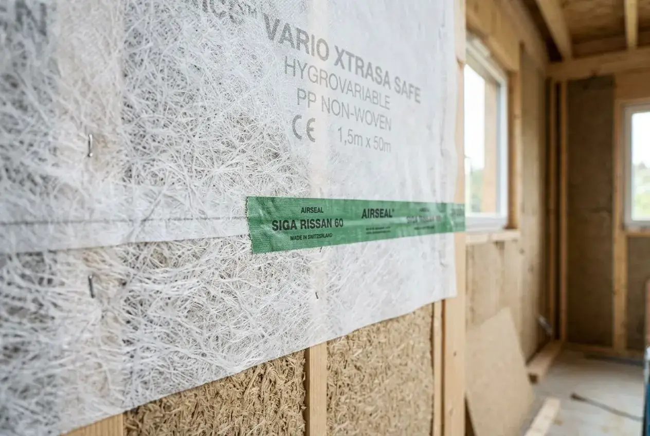 Gros plan sur une membrane hygrovariable VARIO XTRASA SAFE, fixée sur une structure en bois. Une bande verte SIGA RISSAN 60 la maintient.