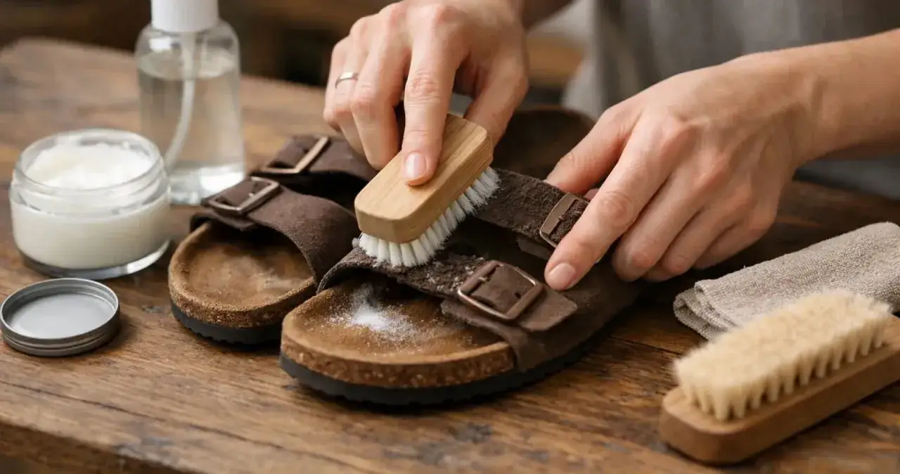 Hände bürsten braune Birkenstock-Sandalen ab, um sie zu reinigen. Daneben stehen Pflegeprodukte.