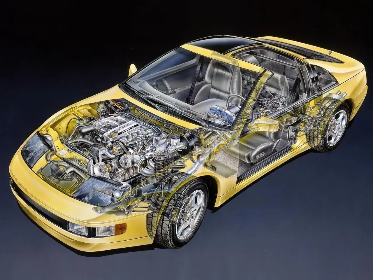 Schnittzeichnung eines gelben Nissan 300ZX mit offenem Motorraum und Einblick in den Innenraum und Antriebsstrang.