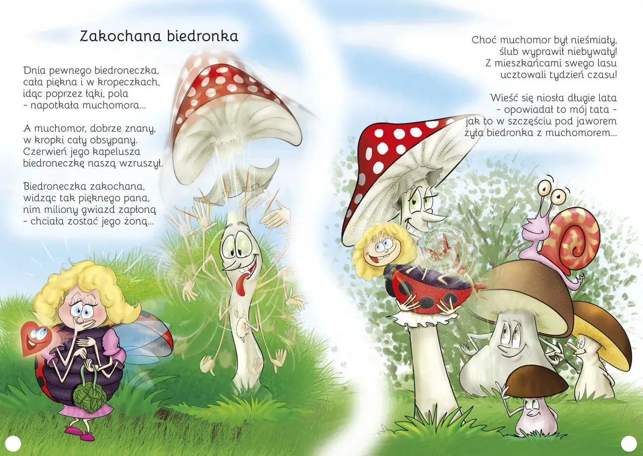 Zakochana biedronka spotyka muchomora. Ilustracja z najpiękniejsze wiersze o miłości dla dzieci.