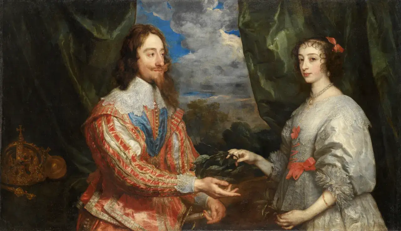 Portret królewskiej pary, wspaniałe dzieła Antoona van Dycka. Król Karol I w bogatym stroju, królowa Henrietta Maria z gałązką.