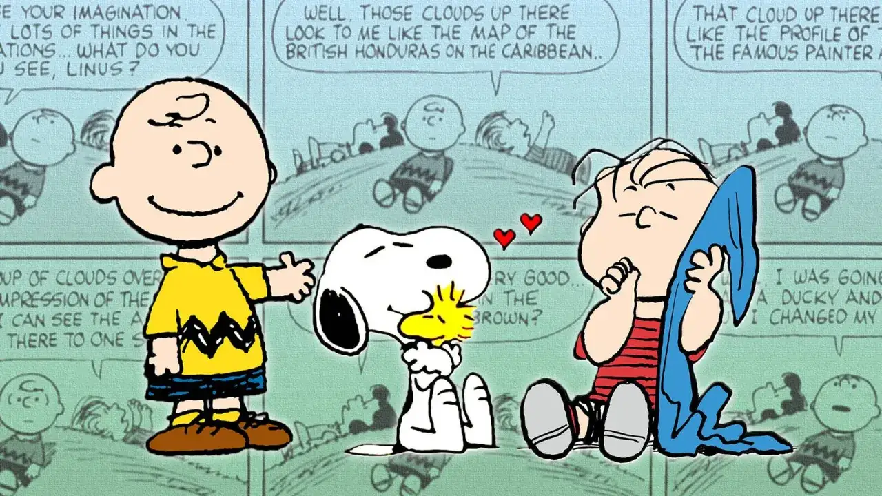 Charlie Brown, Snoopy całujący Woodstocka, a Lucy z kocykiem. W tle inni bohaterowie z komiksu 