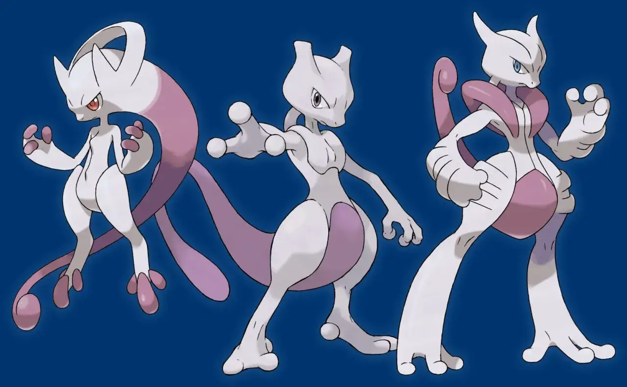 Trzy postacie Mewtwo w różnych pozach, gotowe do walki.