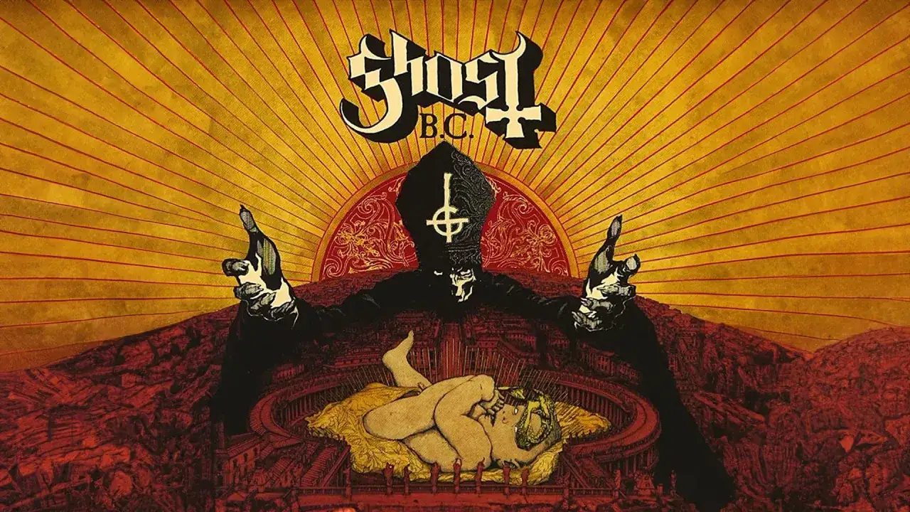 L'album Ghost B.C. pr&eacute;sente une figure papale sombre devant un soleil rayonnant, avec un b&eacute;b&eacute; au premier plan.