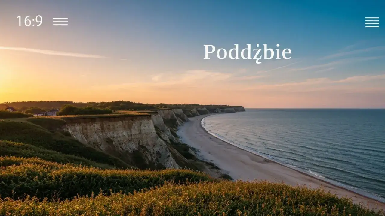 Zach&oacute;d słońca nad klifami i piaszczystą plażą w Poddąbiu. Spokojne morze lśni w złotym świetle.