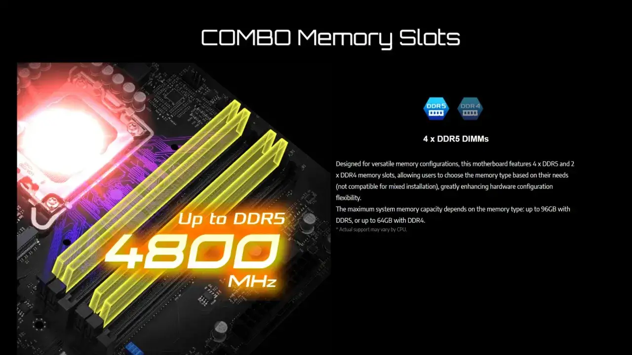 Carte mère avec 4 slots DDR5 et 2 DDR4, pour une RAM compatible avec mon PC jusqu'à 4800 MHz.