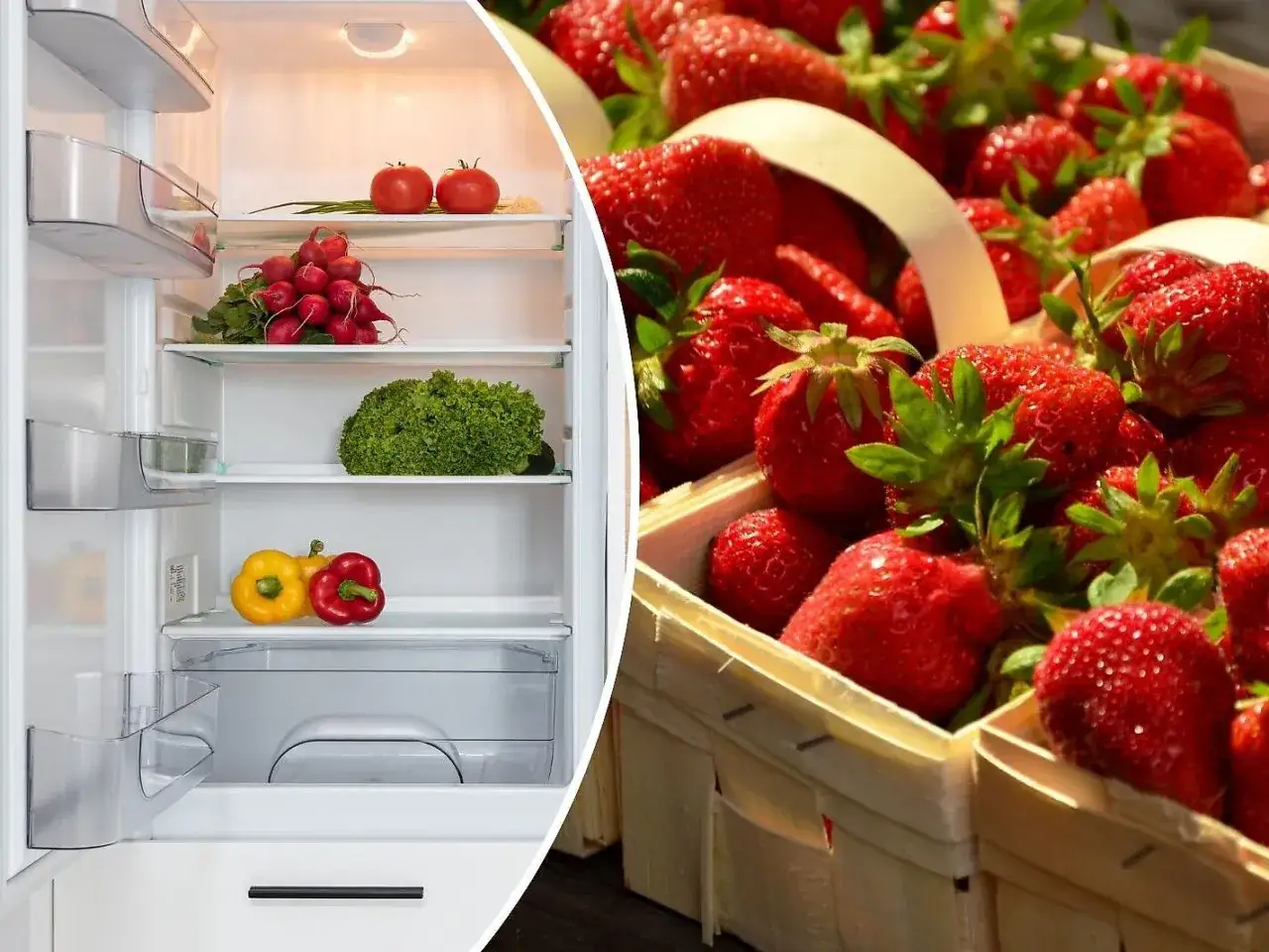 Frische Erdbeeren in K&ouml;rben und ein K&uuml;hlschrank mit Gem&uuml;se &ndash; so bleiben Erdbeeren frisch.