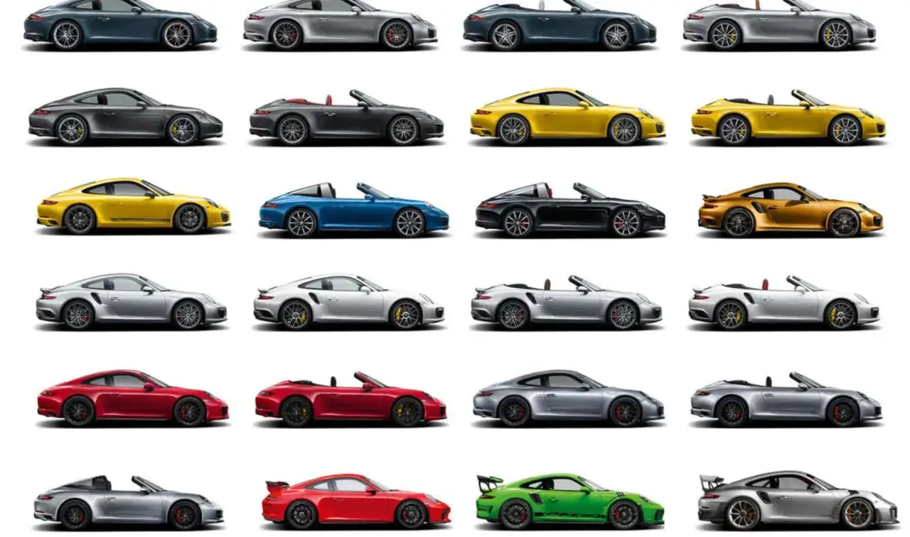 Verschiedene Porsche 911 Modelle in diversen Farben und Ausführungen, die die Porsche 911 Preisentwicklung illustrieren.