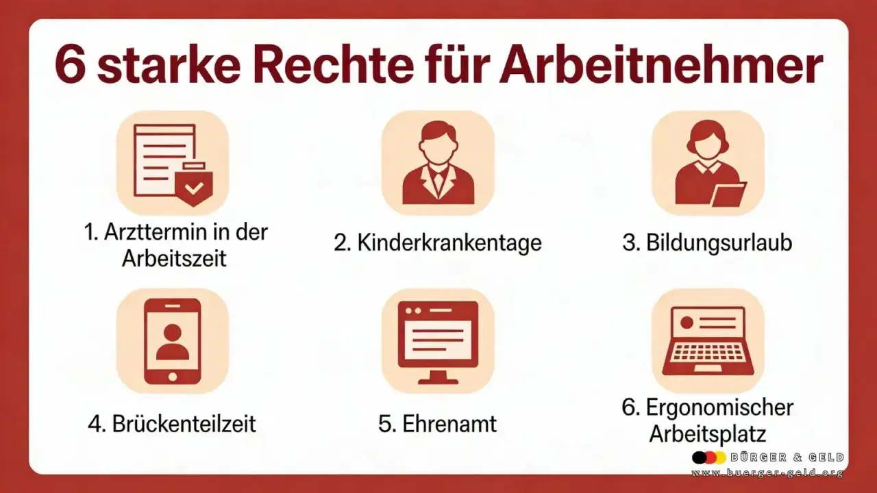 6 Rechte für Arbeitnehmer: Arzttermin in der Arbeitszeit, Kinderkrankentage, Bildungsurlaub, Brückenteilzeit, Ehrenamt, ergonomischer Arbeitsplatz.