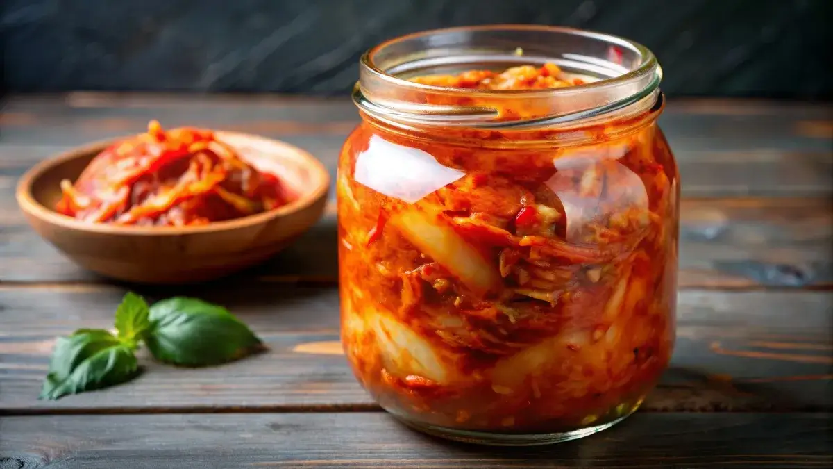 Kimchi w słoiku i na talerzu jako dodatek