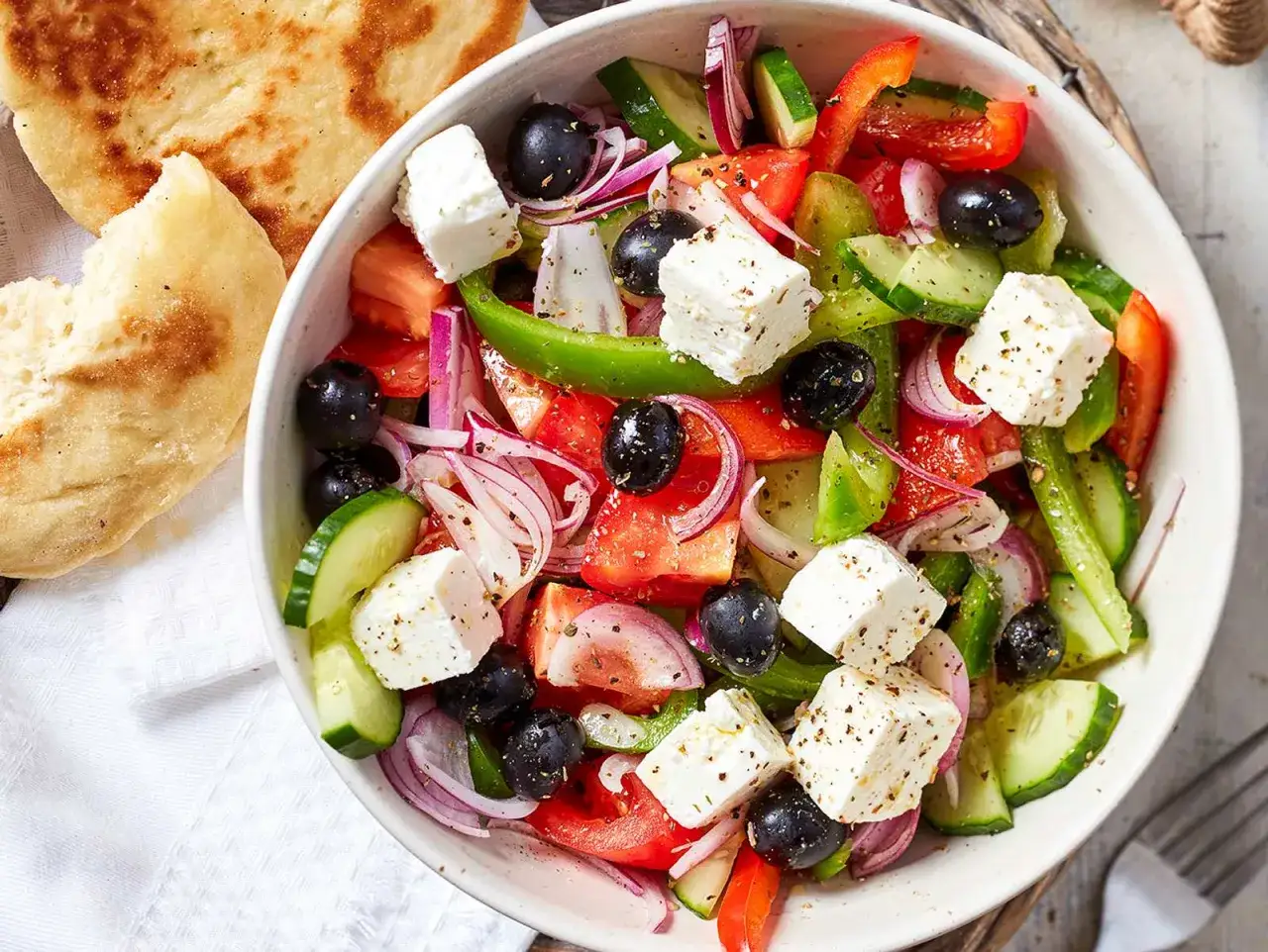 Frischer griechischer Salat mit Tomaten, Gurken, roten Zwiebeln, Oliven und Feta-Käse, serviert mit Fladenbrot.