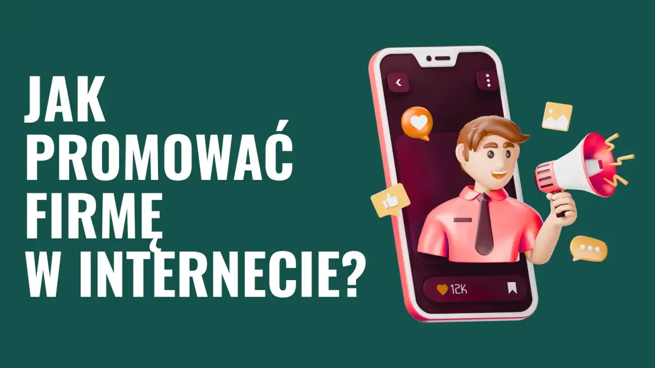 Grafika przedstawia postać z megafonem, symbolizującą skuteczne marketing dla firm w internecie.