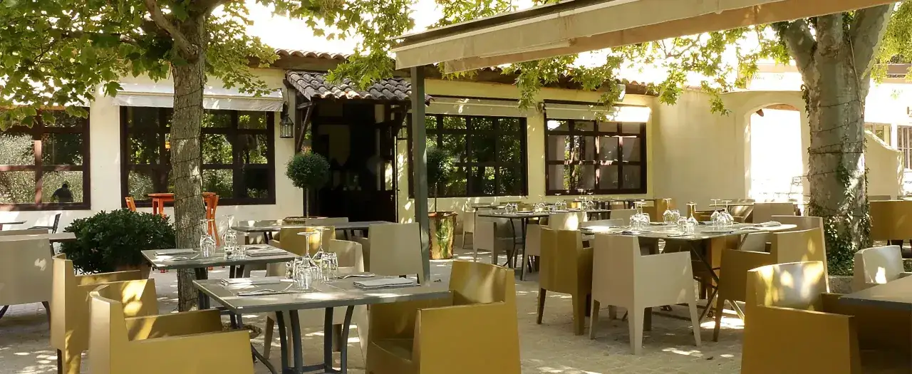 Terrasse ensoleill&eacute;e d'un restaurant, tables dress&eacute;es sous les arbres. L'ambiance invite &agrave; d&eacute;guster une sp&eacute;cialit&eacute; proven&ccedil;ale.