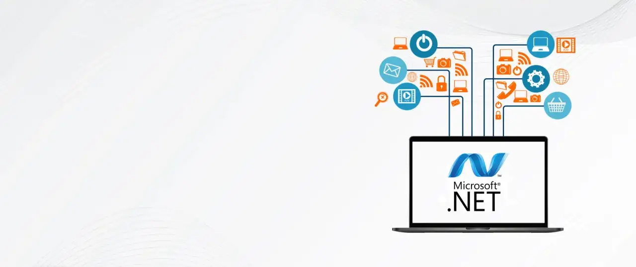 Un ordinateur portable affiche le logo Microsoft .NET, connect&eacute; &agrave; divers ic&ocirc;nes symbolisant des applications et services, illustrant la puissance du d&eacute;veloppement en asp language.
