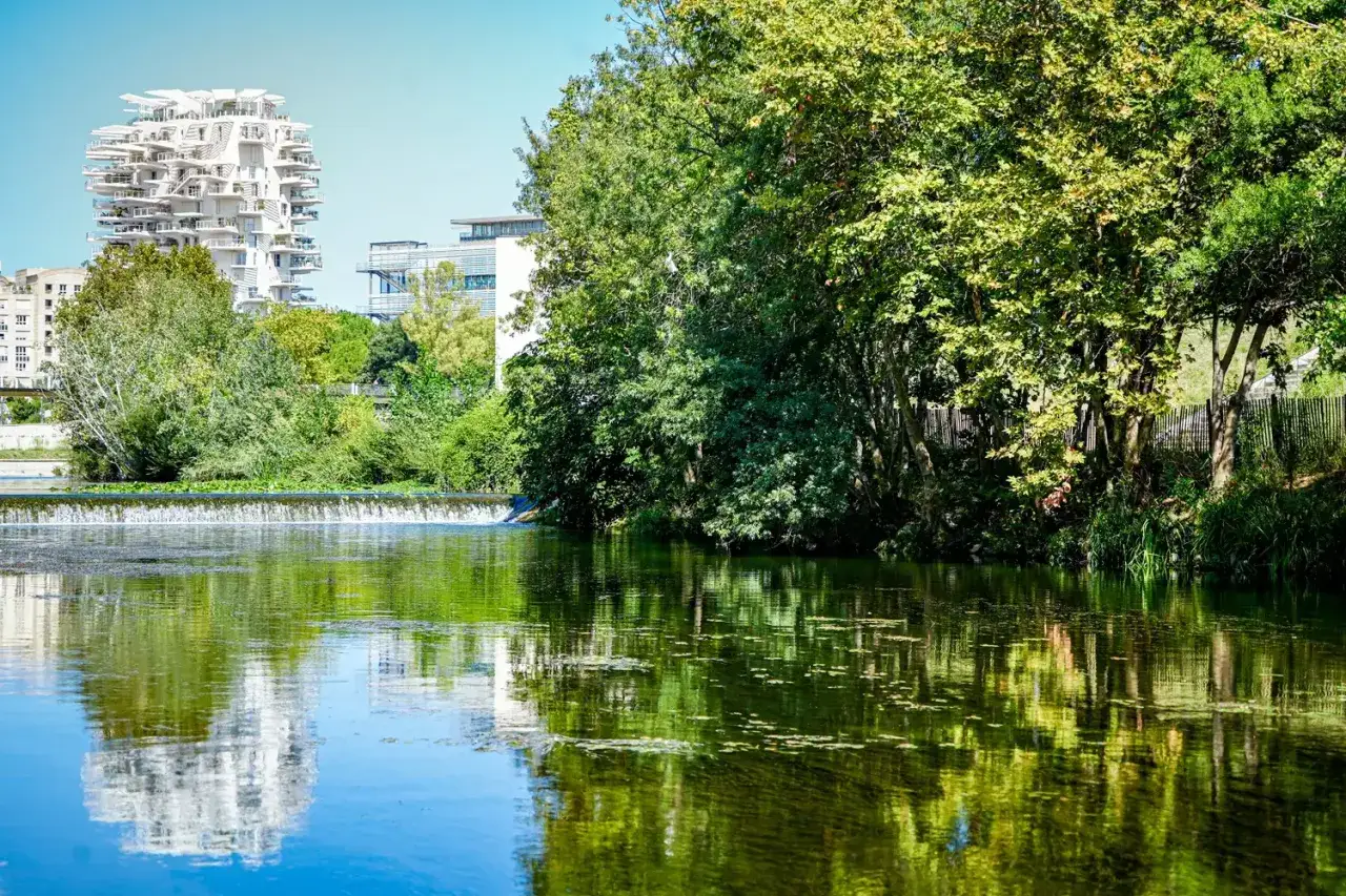 Calme sur le **source du Lez**, avec des reflets verts et bleus sur l'eau, et un immeuble blanc futuriste en arrière-plan.