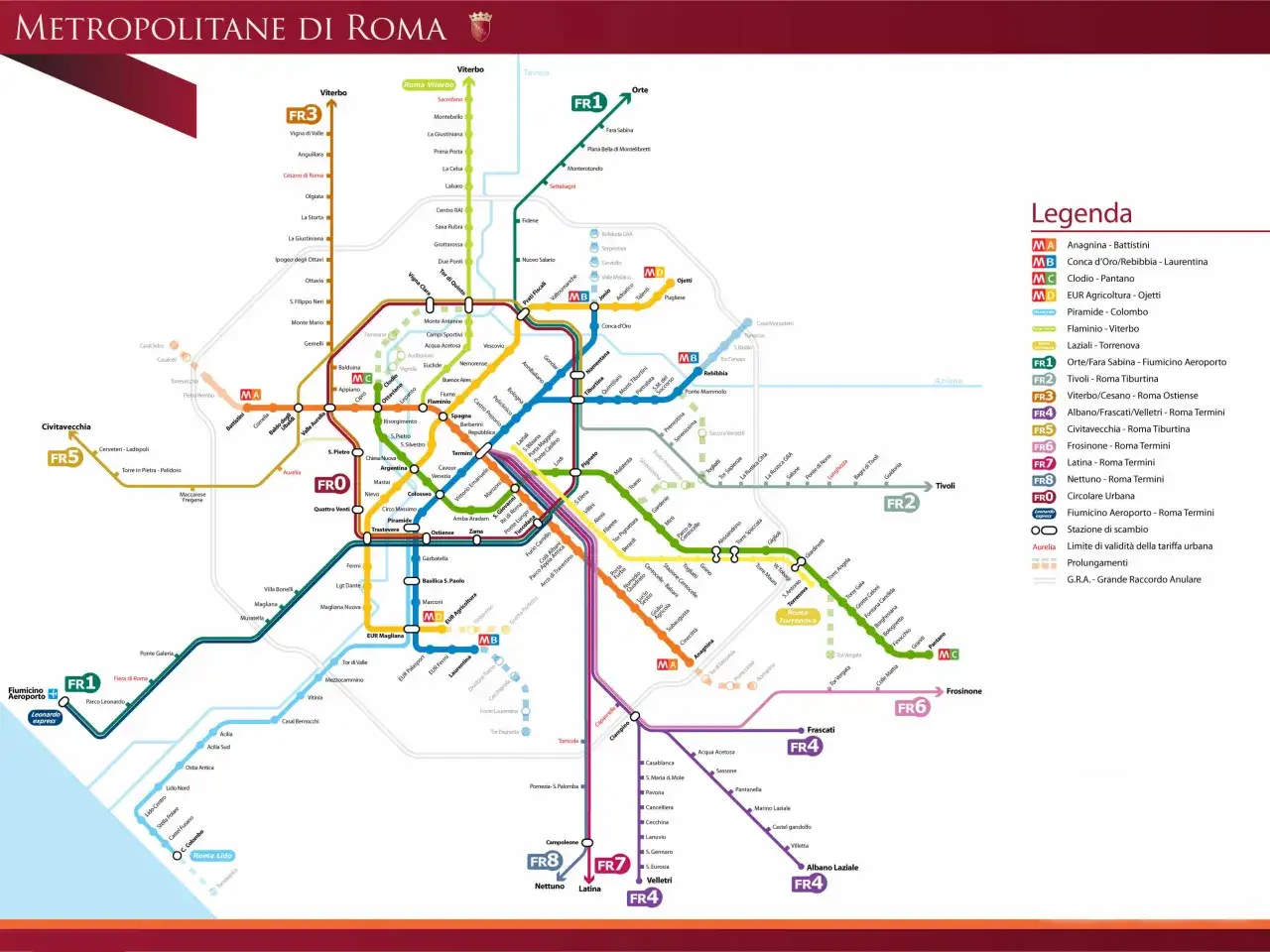 Mappa delle linee metro e ferroviarie di Roma, con indicazioni per la stazione di Cesano di Roma sulla linea FR3.