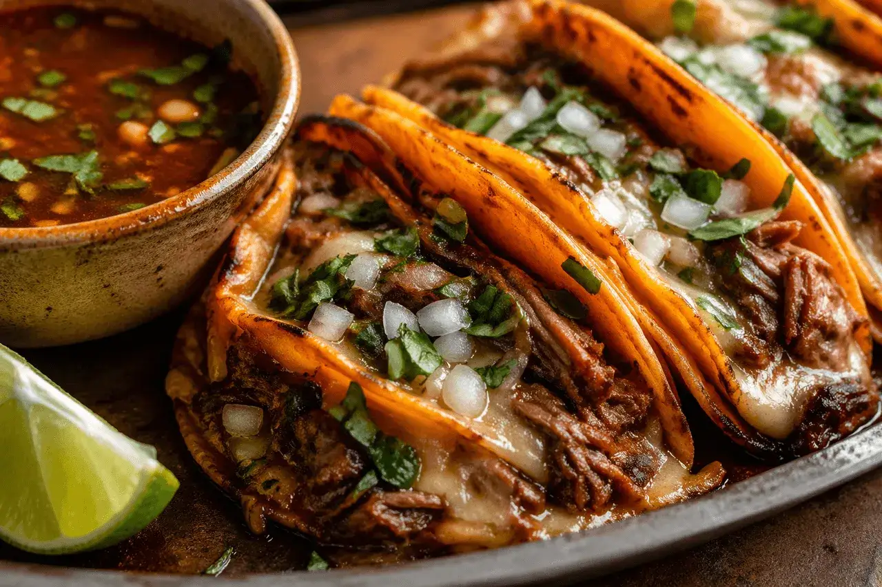 Saftiga birria tacos med smält ost, lök och koriander. Serveras med en skål consommé och limeklyfta.