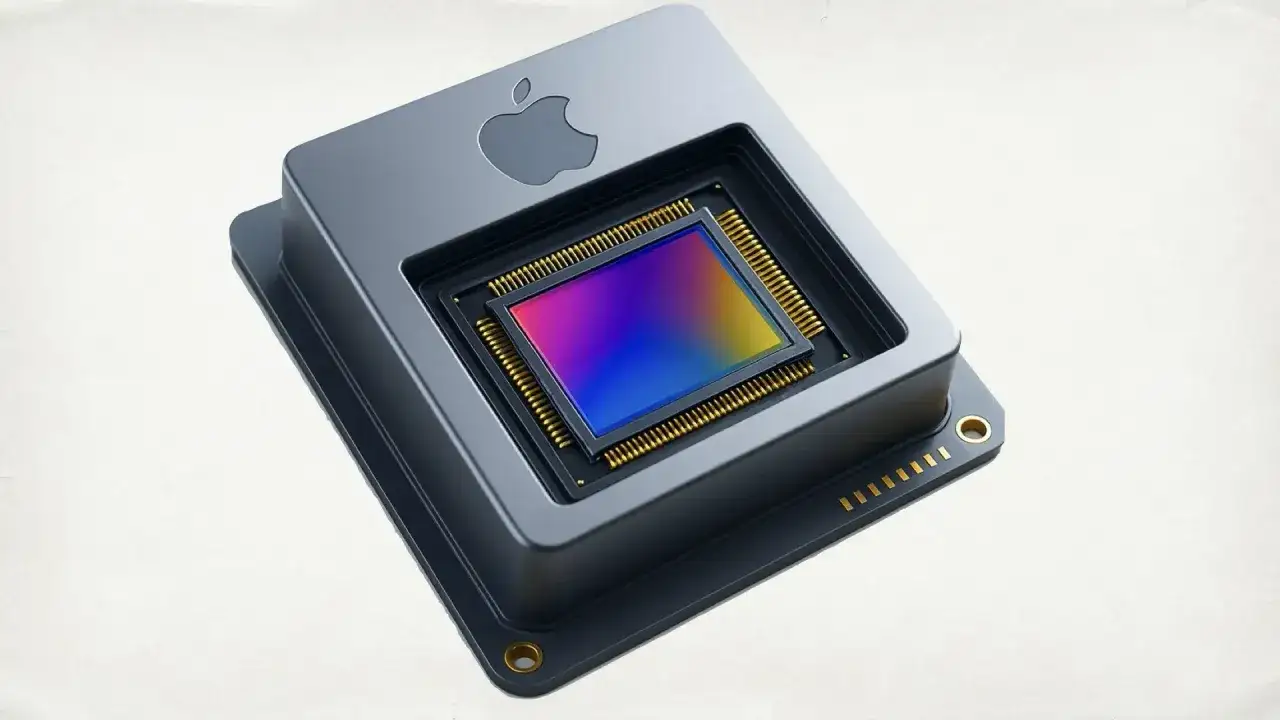 Kolorowy sensor aparatu Apple, serce migawki w telefonie, otoczony złotymi pinami.