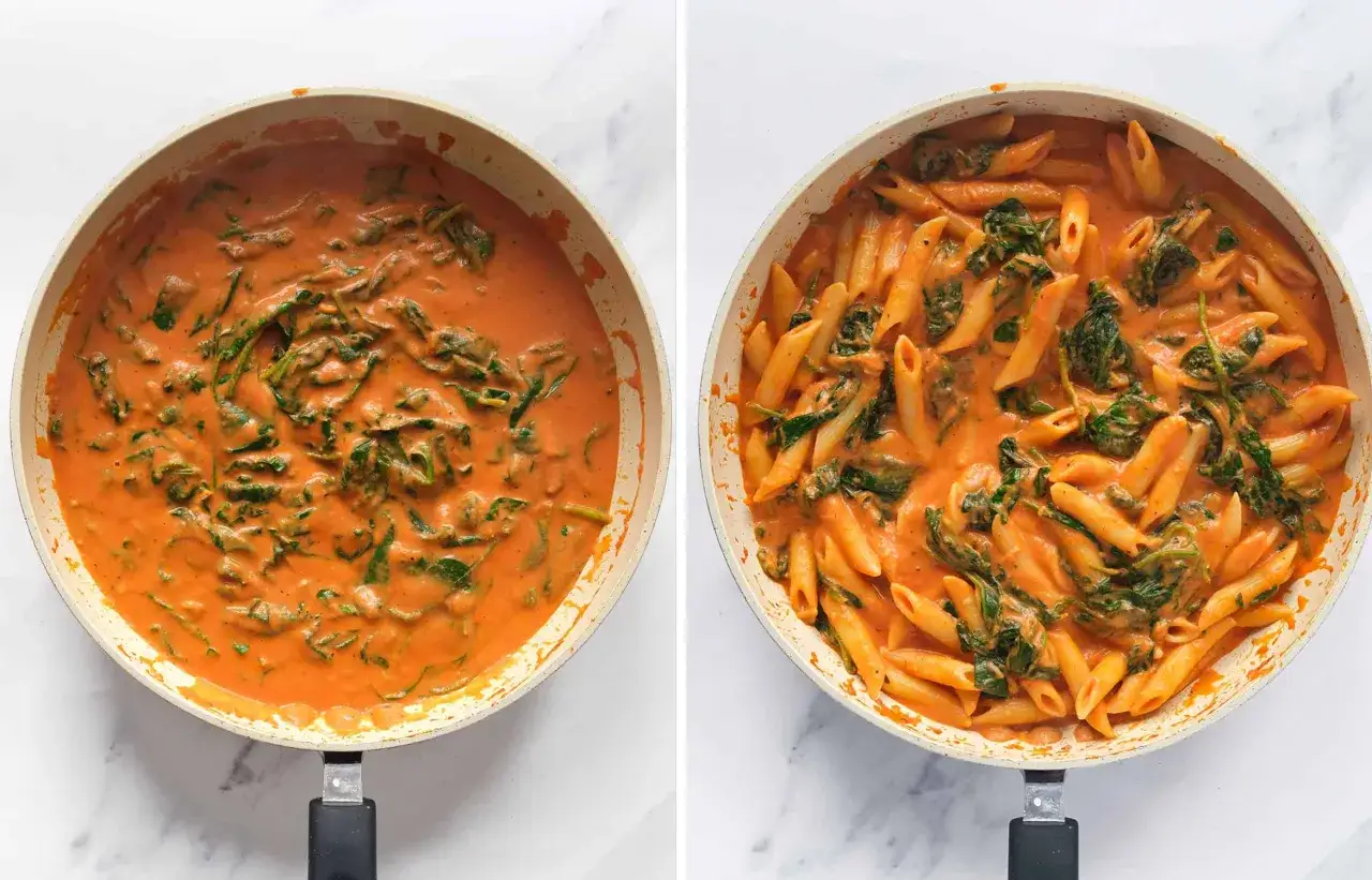 Dwa ujęcia patelni z kremowym, pomarańczowym sosem toskańskim i szpinakiem. Na drugim zdjęciu dodano makaron penne.