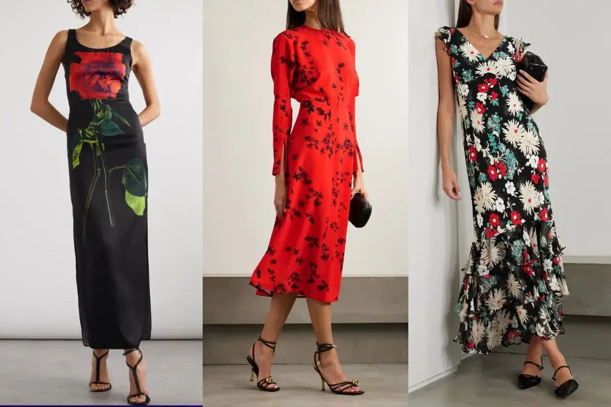 Tre donne indossano abiti a fiori: uno nero con rosa, uno rosso con fiori neri, uno nero con fiori colorati. Quali scarpe mettere?