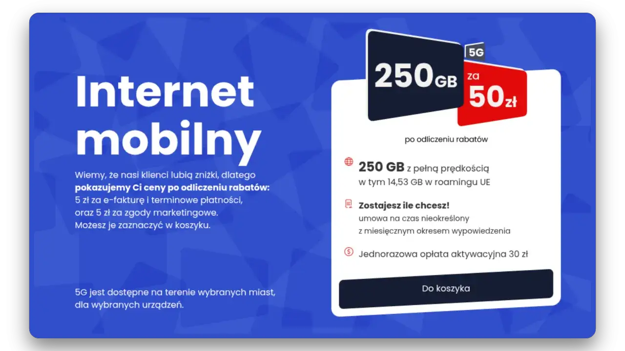 Virgin Mobile pakiety internetu: 250 GB za 50 zł z 5G. Oferta z rabatami, bezterminowa umowa.