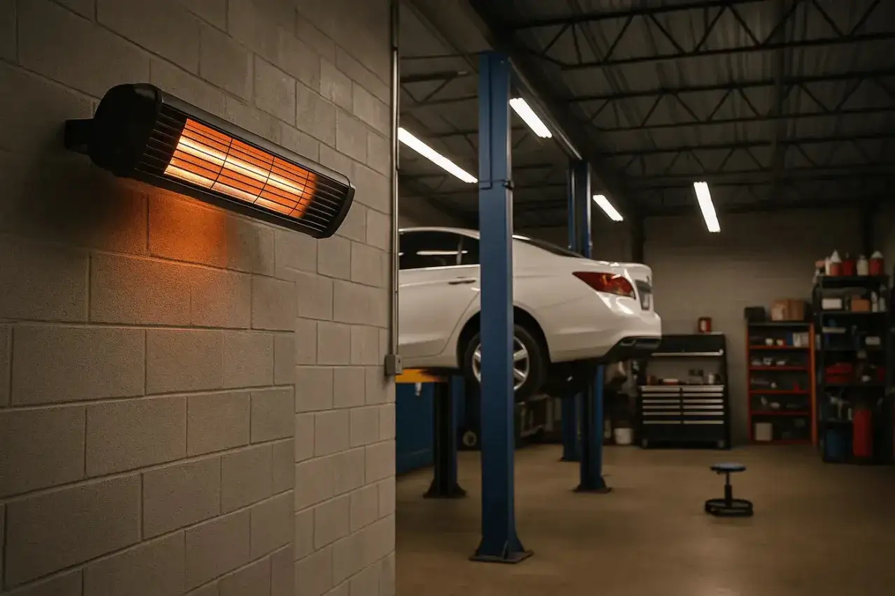 Chauffage gaz infrarouge ou infrableu mural dans un garage, r&eacute;chauffant l'espace o&ugrave; une voiture est lev&eacute;e sur un pont &eacute;l&eacute;vateur.