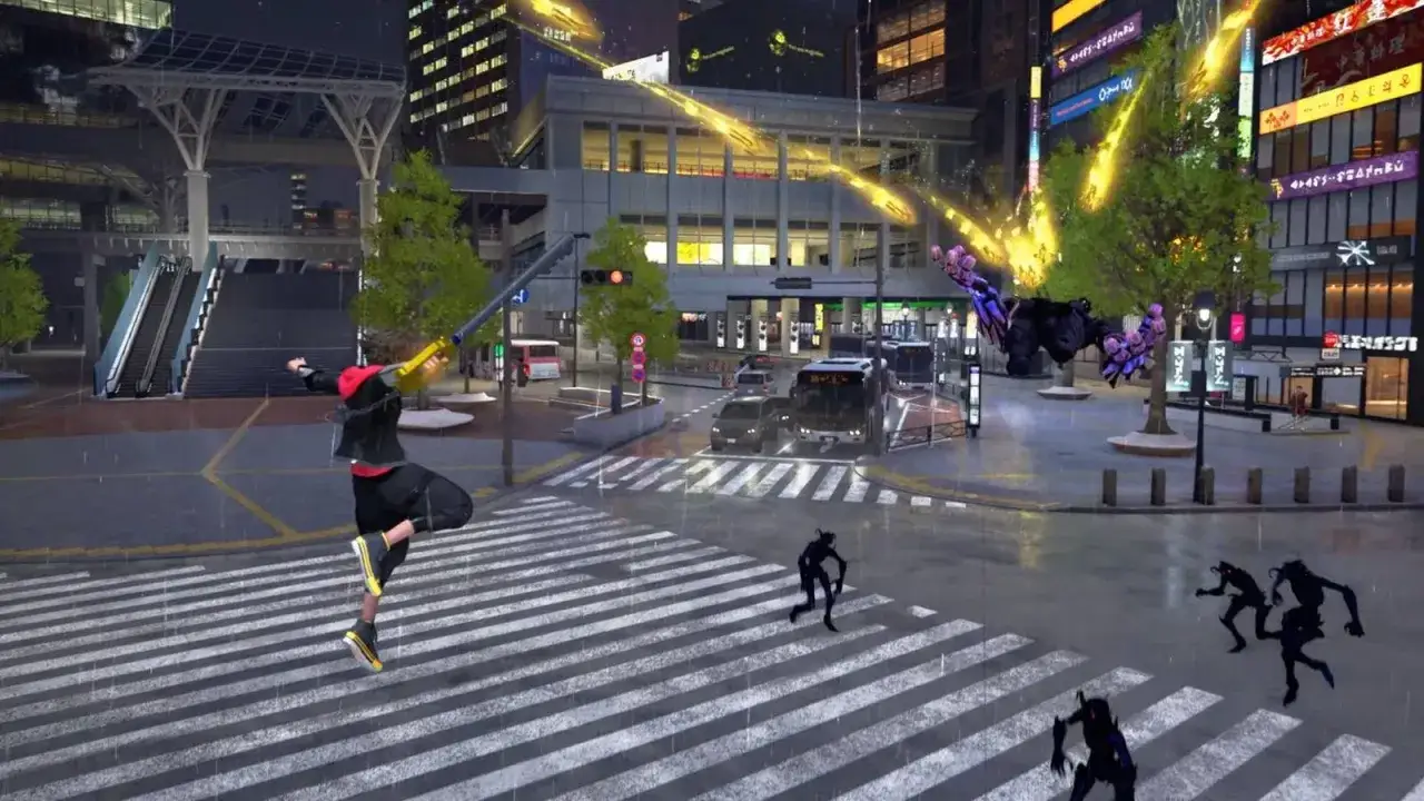 Sora salta en una calle lluviosa de Shibuya, listo para luchar contra enemigos en Kingdom Hearts 4.