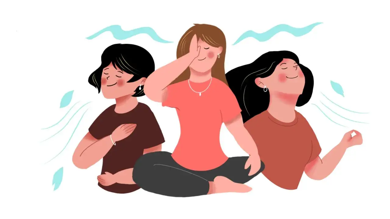 Tre kvinnor utövar pranayama yoga. En sitter med slutna ögon och handen på bröstet, en annan täcker ena ögat, och den tredje andas djupt med ansiktet mot himlen.