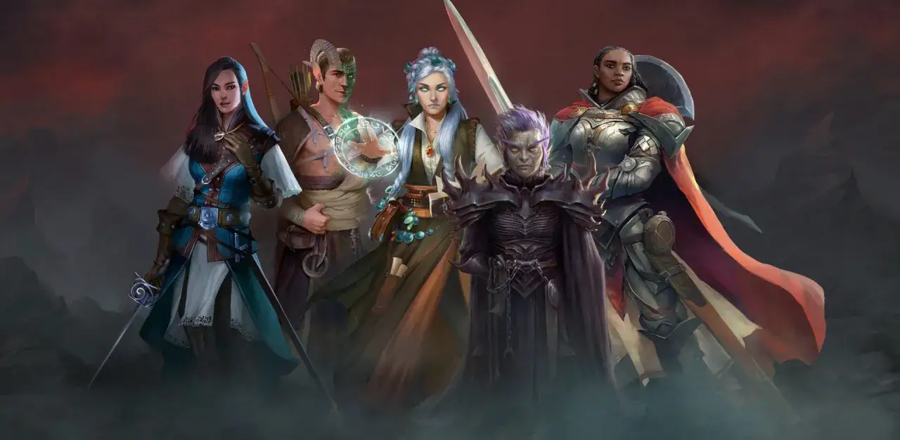 Pięć postaci fantasy, gotowych na przygodę w świecie gry RPG. Elfka, wojownik, czarodziejka, mroczny mag i rycerka.