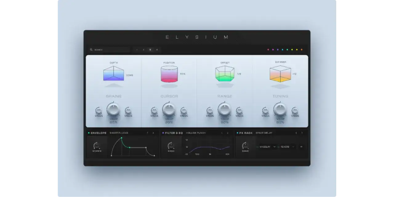 Interfejs wtyczki VST ELYSIUM z kontrolkami Grains, Cursor, Range, Tuning i efektami FX Rack.