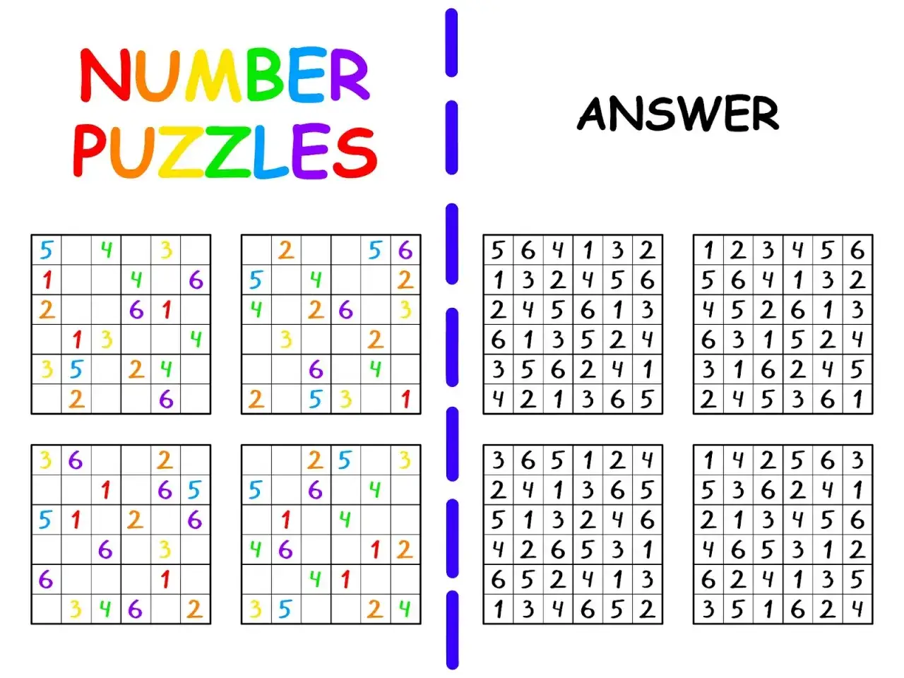 Puzzles num&eacute;ricos y sus soluciones, ideales para ejercicios de memoria.