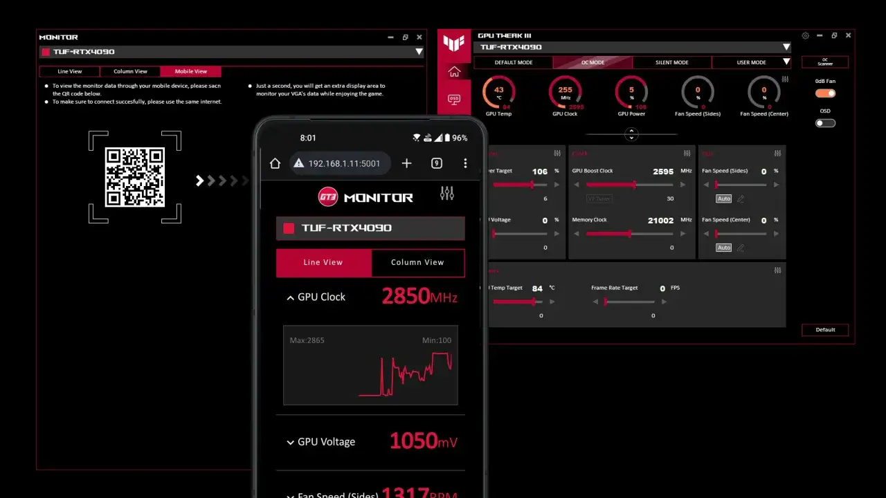 Benchmark co to? Aplikacja monitorująca kartę graficzną TUF-RTX4090, pokazująca taktowanie, napięcie i prędkość wentylatorów.