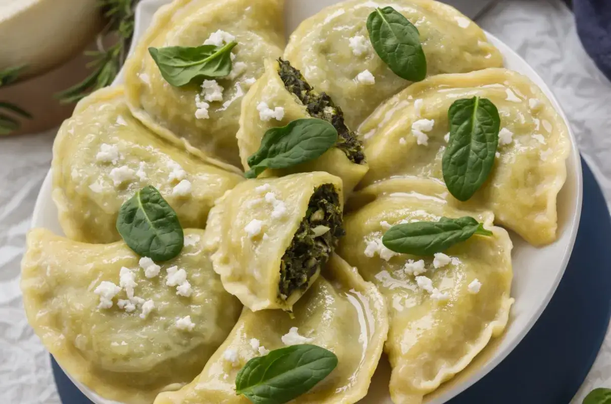 Pyszne pierogi ze szpinakiem, serem i czosnkiem, udekorowane świeżymi listkami szpinaku i pokruszonym serem.