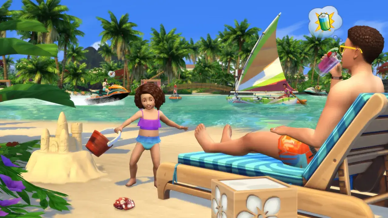 Dzieci budują zamek z piasku, podczas gdy dorosły odpoczywa na leżaku. W tle widać żaglówkę i skutery wodne. Ciekawe, jakie jeszcze sims 4 ciekawostki kryje ta wyspa!