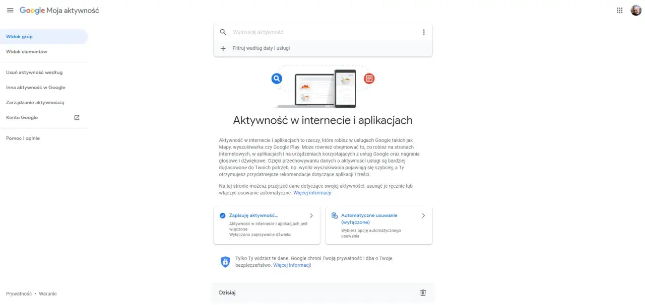 Panel Moja Aktywność Google